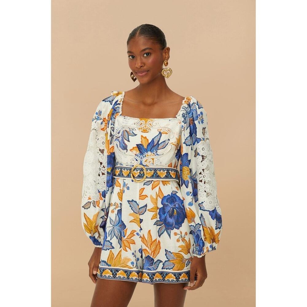 FARM Rio Mixed Print Square Neck Puff Sleeve Belted Mini Dress XS